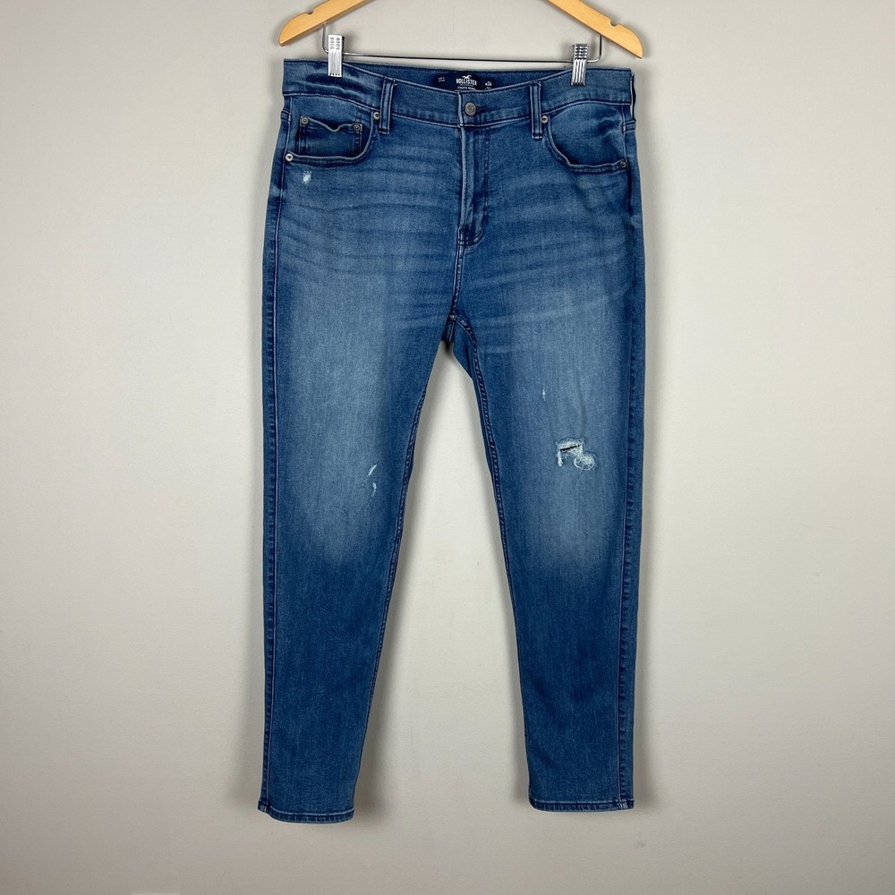 Hollister Athletic Skinny Jeans Mens 34x29‎ Distressed Stretch Denim Medium Wash